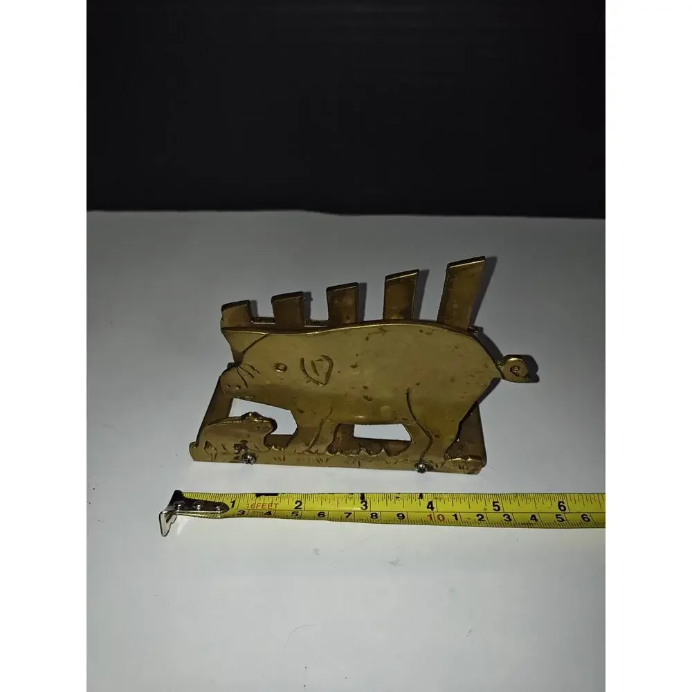 Vintage Brass Farm Pig Family & Fence Napkin Letter Holder Homestead Old Kitchen